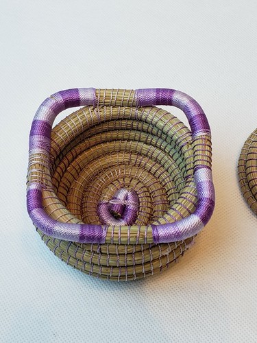 Pine Needle Basket Tightly Woven Purple Thread Scalloped Edge with Lid
