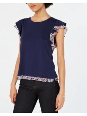 

MAISON JULES Женский темно-синий топ с круглым вырезом и цветочным принтом Размер, Navy