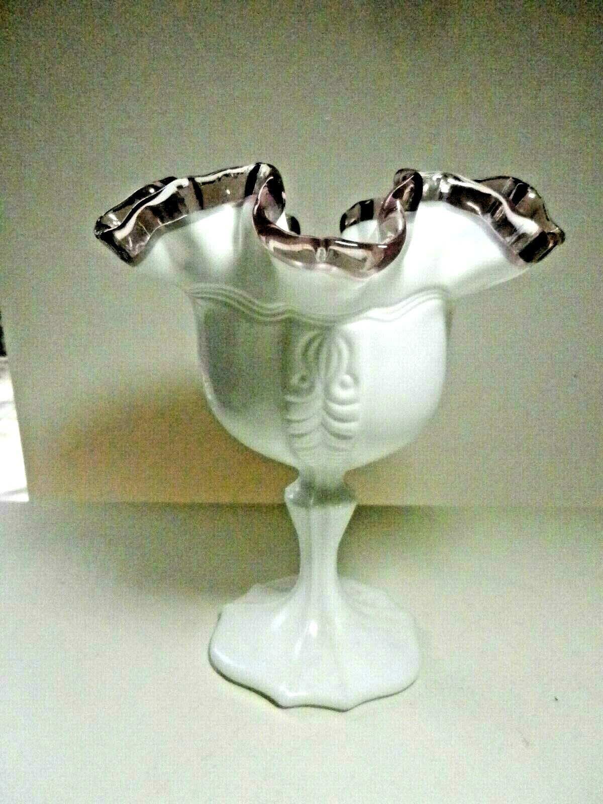 Fenton Pedestal Milkglass Compote Amethyst Crest-Signed