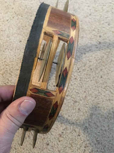 Vintage Wood Headless Tambourine 8.75” Double Row Bells Jingles Hand Held