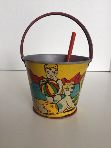 Vintage Small Tin Litho Sand Pail And Shovel With Beach Fun Theme