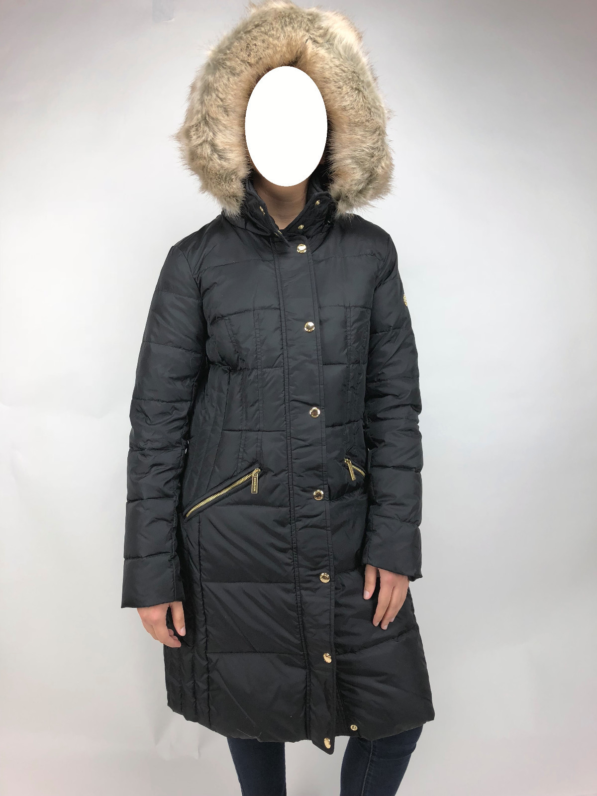 Pre-owned Michael Kors Womens  Down Puffer Jacket Bubble Coat Black Gold Faux Fur Trim Hood