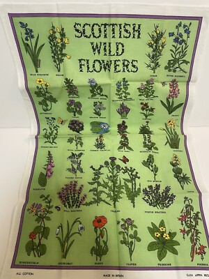 Vintage Tea Towel Scottish Wildflowers Cotton Glen Appin  Cottagecore prop retro