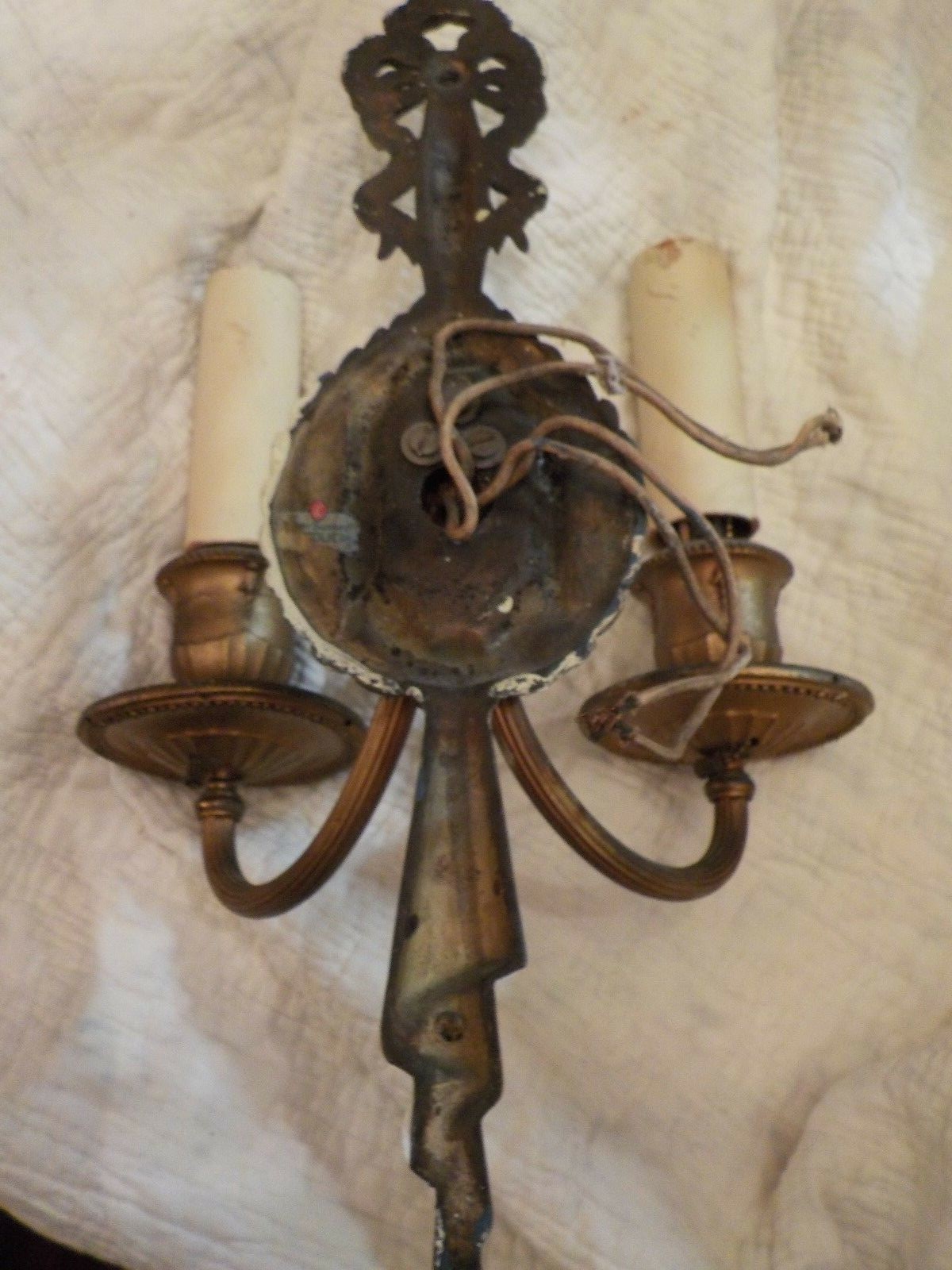 Antique French single 2-Arm Brass Wall Sconce Ribbon, swag and Tassel Motif