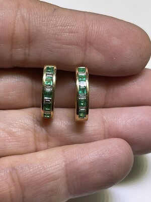 Art Deco Style 14K Yellow Gold Emerald Diamond Baguette Hoop Earrings (11/16'')