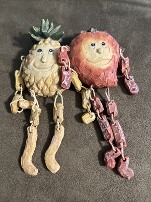 Vintage Anthropomorphic PINEAPPLE & STRAWBERRY Wall Hanger Dangling Arms & Legs