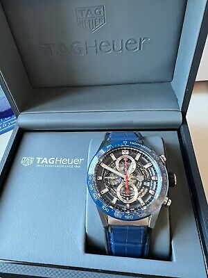 Tag Heuer Carrera 01 43mm Blue Leather Skeleton Watch CAR201T.FC6406 BRAND NEW