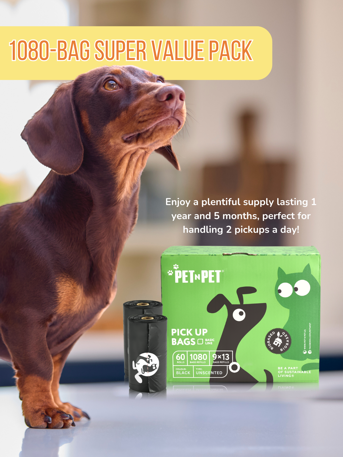 PET N PET 1080 Counts Black Dog Poop Bag Rolls 38% Plant Based 62% PE Waste Bags