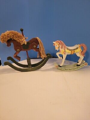 2 Vintage Rocking Horse Figurines 1 Porcelain And 1 Wooden