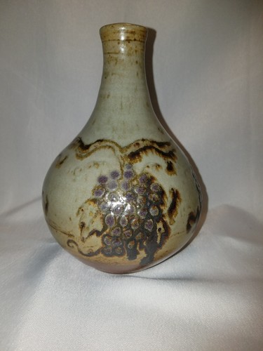 Vase Pottery Grapes Narrow Neck Handcrafted Artist Signed