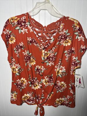 Bobbie Brooks Plus Size 2X Top Coral/Floral Crochet Lace Back Nwt
