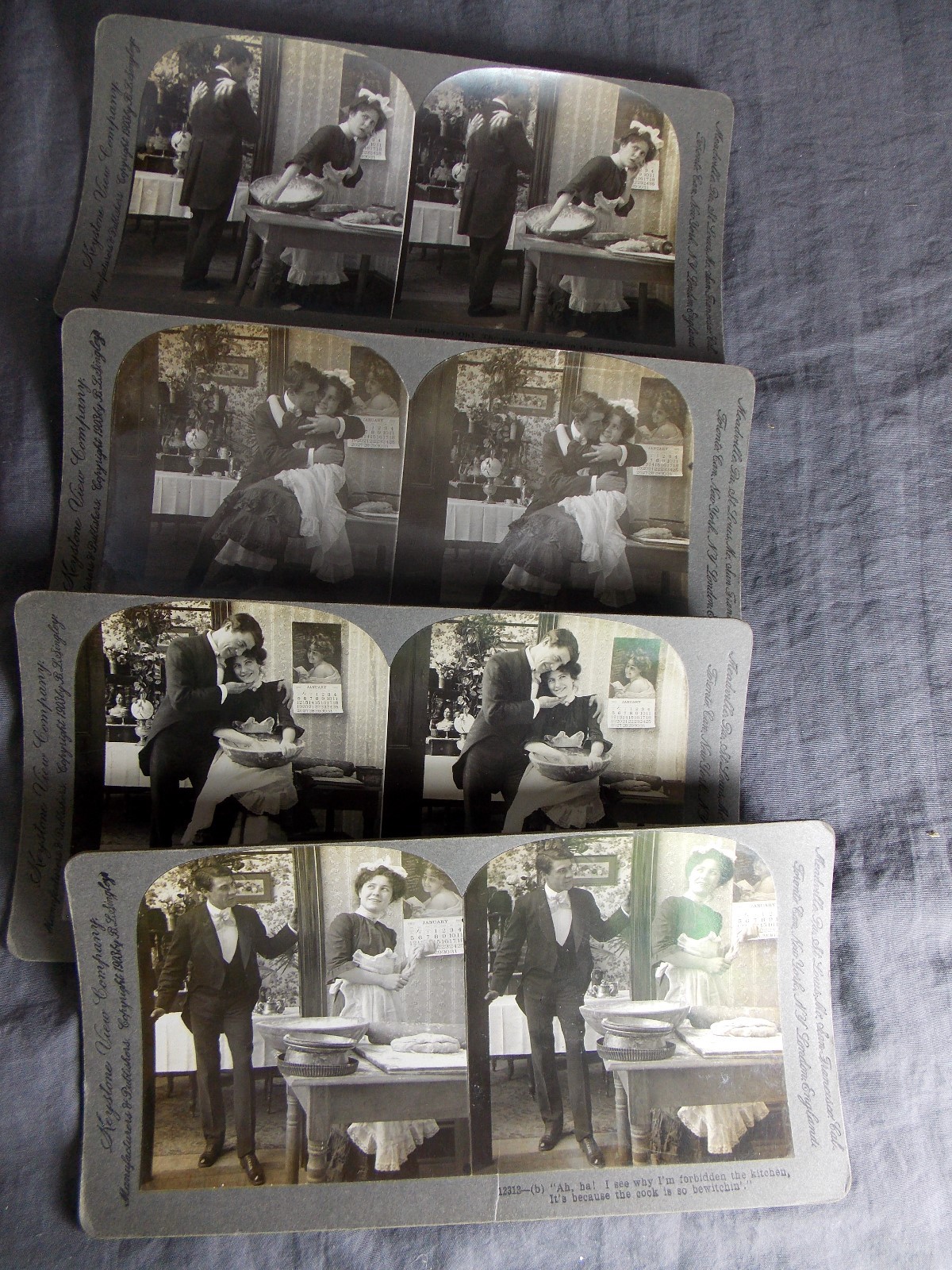 The French Cook, Antique Set of 8 Humorous Stereo View Cards, Signed Keystone