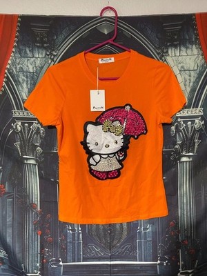 Hello Kitty Papillon Women's Orange Shirt Size Small - Rhinestone & Pearls