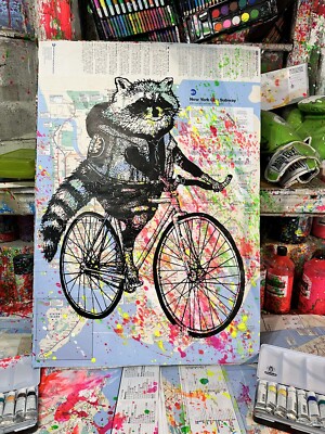 Raccoon on a bicycle Made On Original New York Subway Map Hand Made