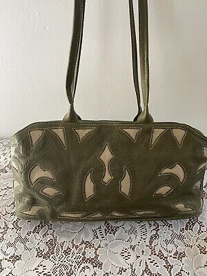 JL Saldivar Hand Tooled Floral Olive Green Leather Handbag Western Double Handle