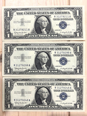 Three (3) 1957-B US One Dollar Silver Certificates All CRISP and NO CREASES