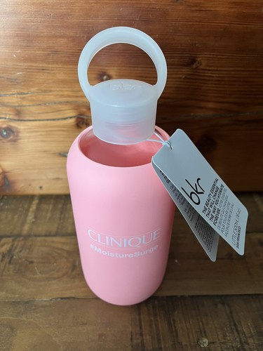 BKR Glass Water Bottle with Silicon Sleeve and Tags 16 oz Rosy w/Clinique Logo