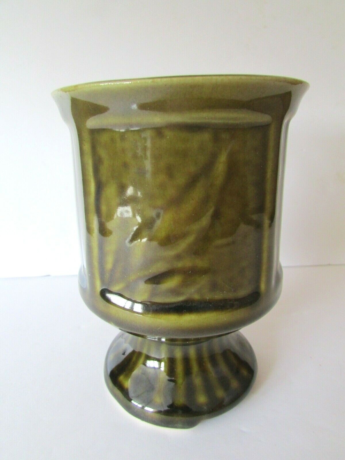 Older Vintage American Bisque Pottery Footed Planter or Vase-Ribbed side Clean