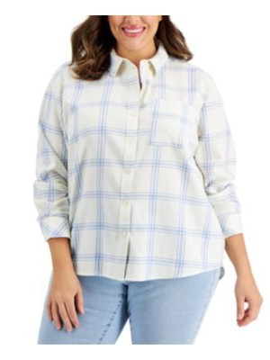 STYLE & COMPANY Womens Ivory Curved Step Hem Plaid Button Up Top Plus 3X