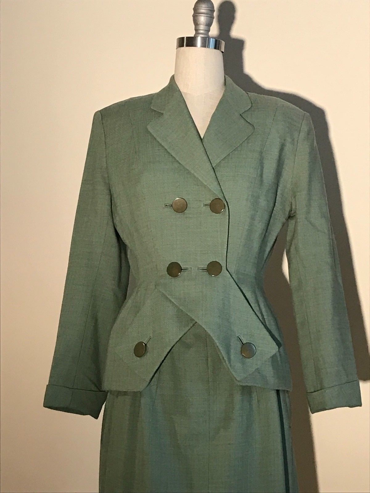 Schiaparelli VTG 1950s Green Jacket and Skirt Suit Set with Crossover Detail S