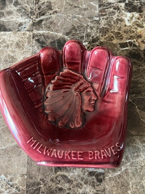1950s Milwaukee Braves Baseball Indian Headdress Ceramic Baseball Glove Dish