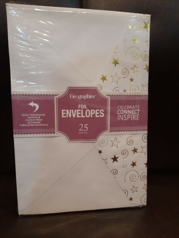Geographicse Foil Envelopes White Stars & Swirls pack of 25 NEW Sealed 6"x8 3/4"