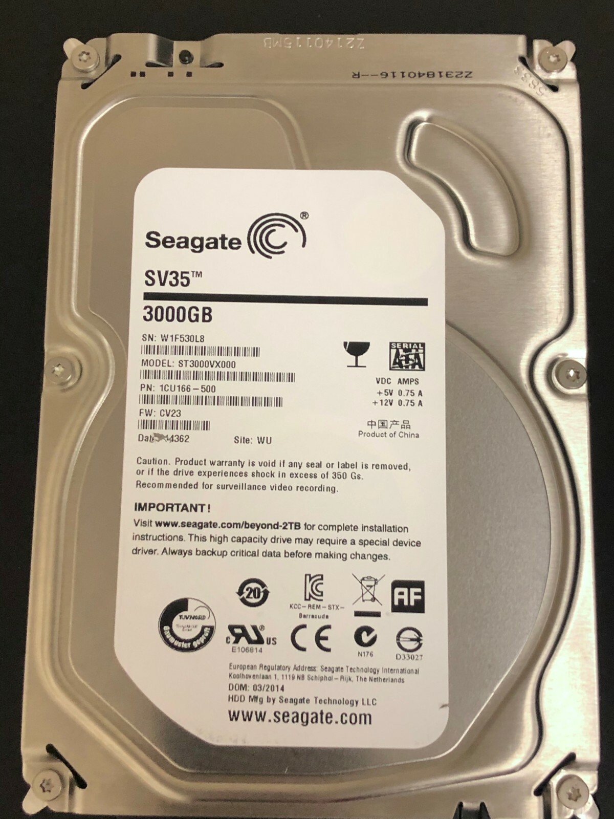 Seagate ST3000VX000 3TB 7200RPM SATA 6-Gb/s 64MB Cache 3.5in