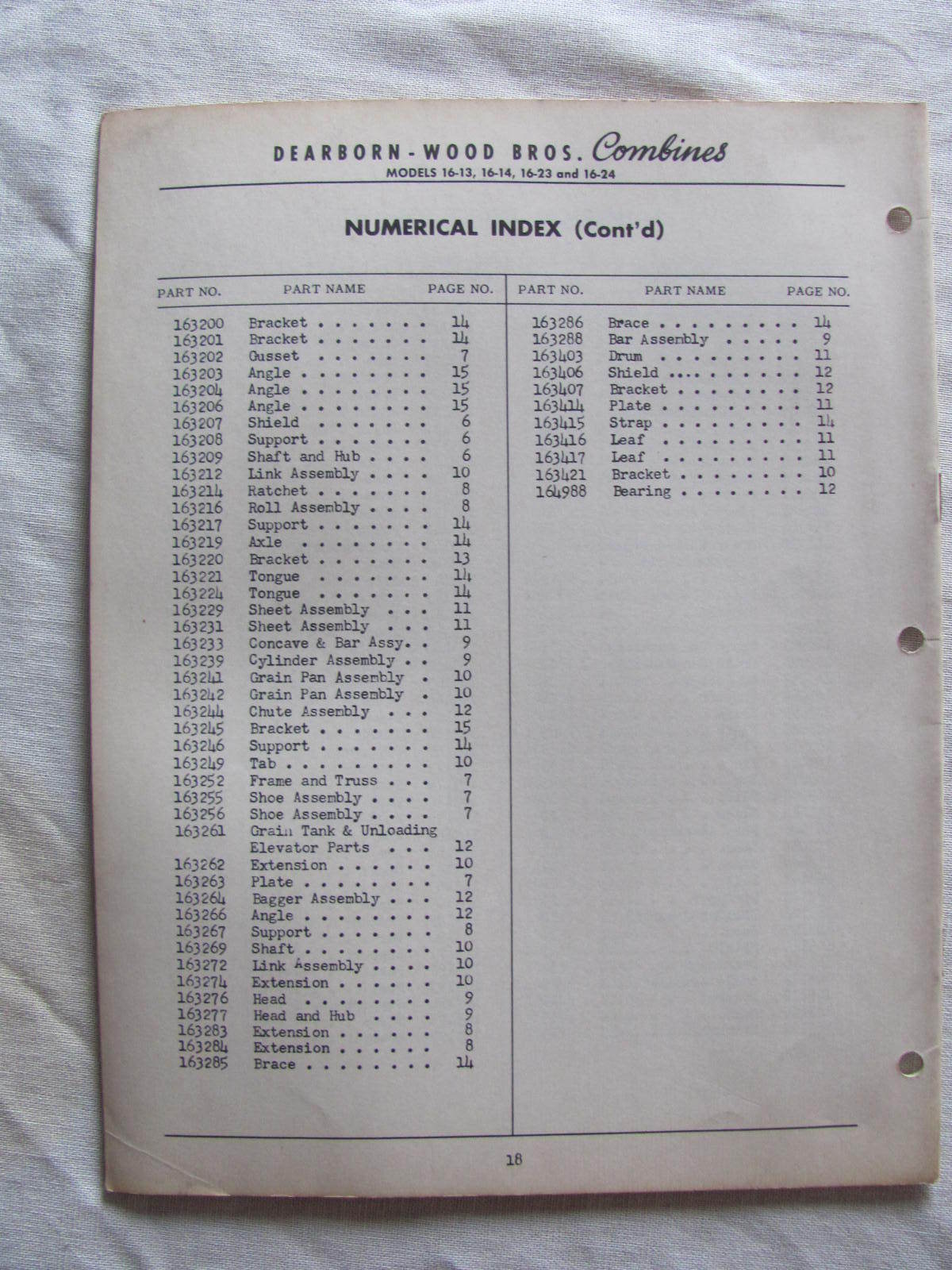 Ford Dearborn Wood Combine Model 16 Series Master Parts Book