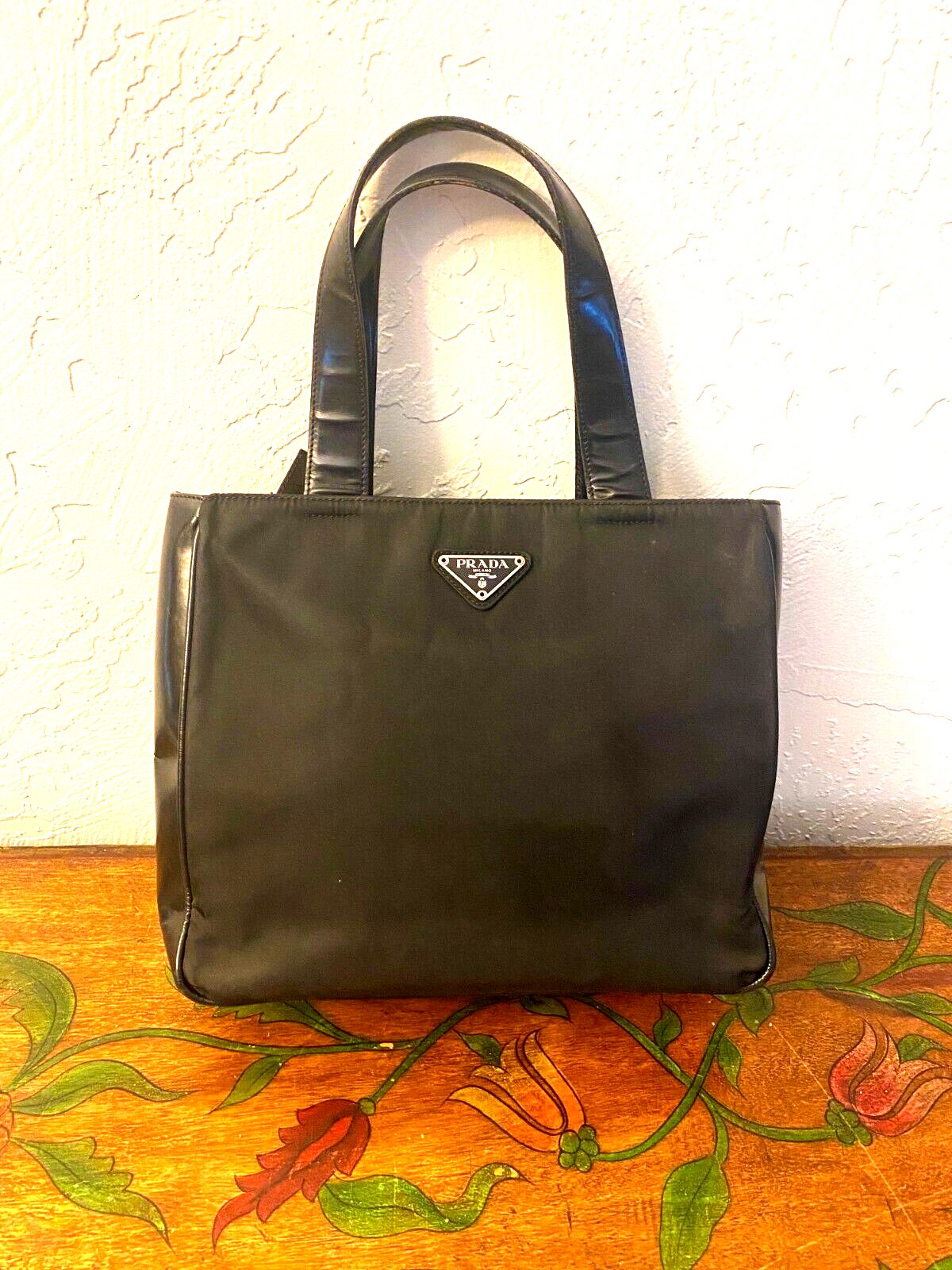 PRADA Small BLACK TESSUTO LIGHT NYLON & Borsa Leather Square TOTE #31  Authentic!