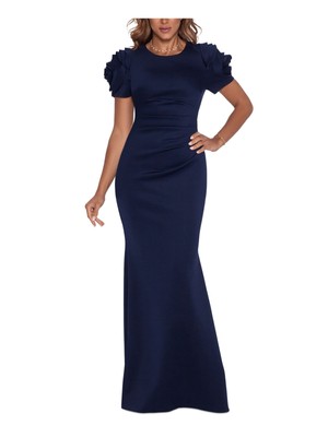 XSCAPE Womens Navy Lined Pouf Sleeve Round Neck Full-Length Formal Gown Dress 8