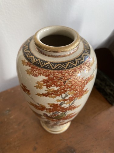 Antique Meiji Era Japanese Satsuma Vase Signed Maple Tree & Doves / Pigeons