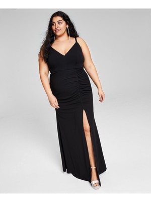 EMERALD SUNDAE Womens Black Shirred Spaghetti Strap Formal Gown Dress Juniors 18