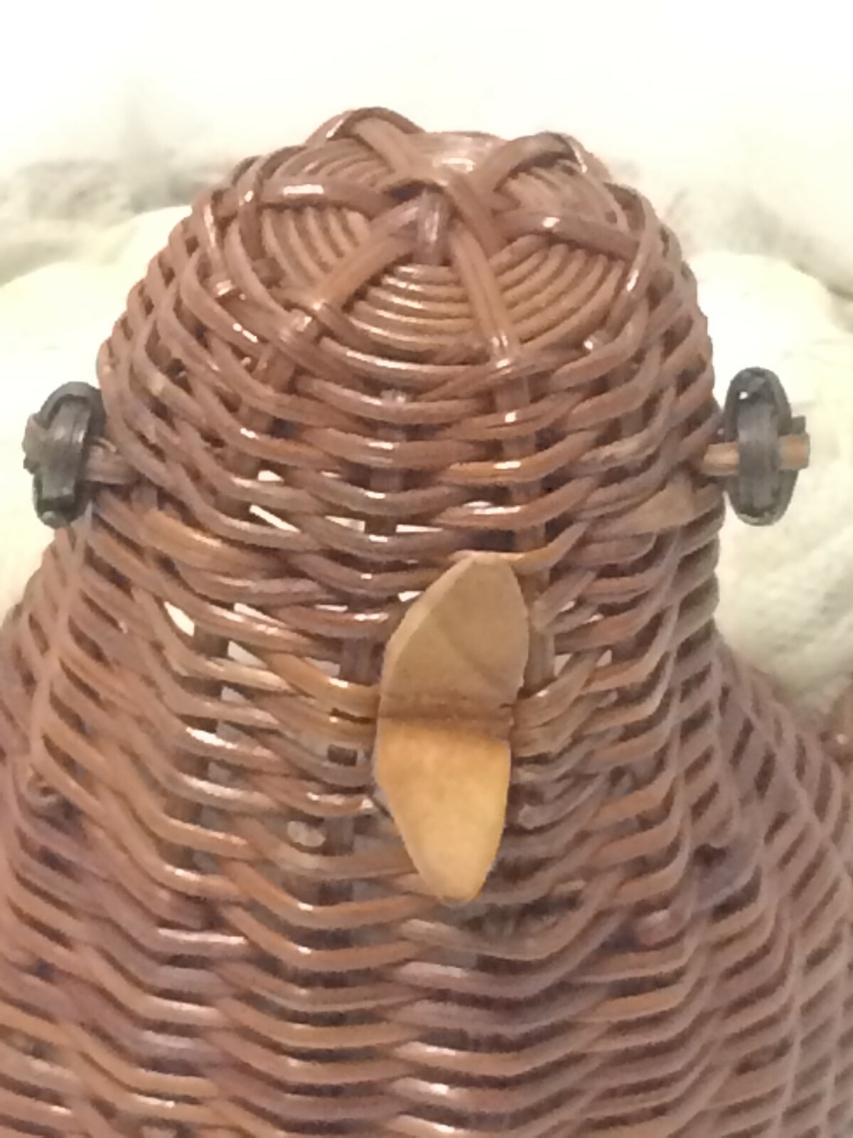 vintage 7 inch wicker chicken basket with blue and pink satin sewing pin cusion