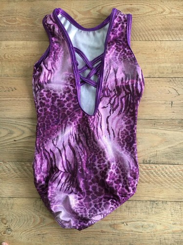 GK Elite Gymnastics Leotard Purple Metallic Leopard Criss Cross Back AXS