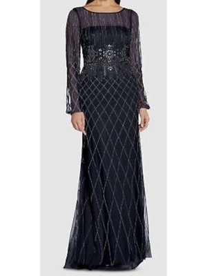

ADRIANNA PAPELL Женское темно-синее торжественное платье с длинным рукавом на подкладке с иллюзиями, Navy