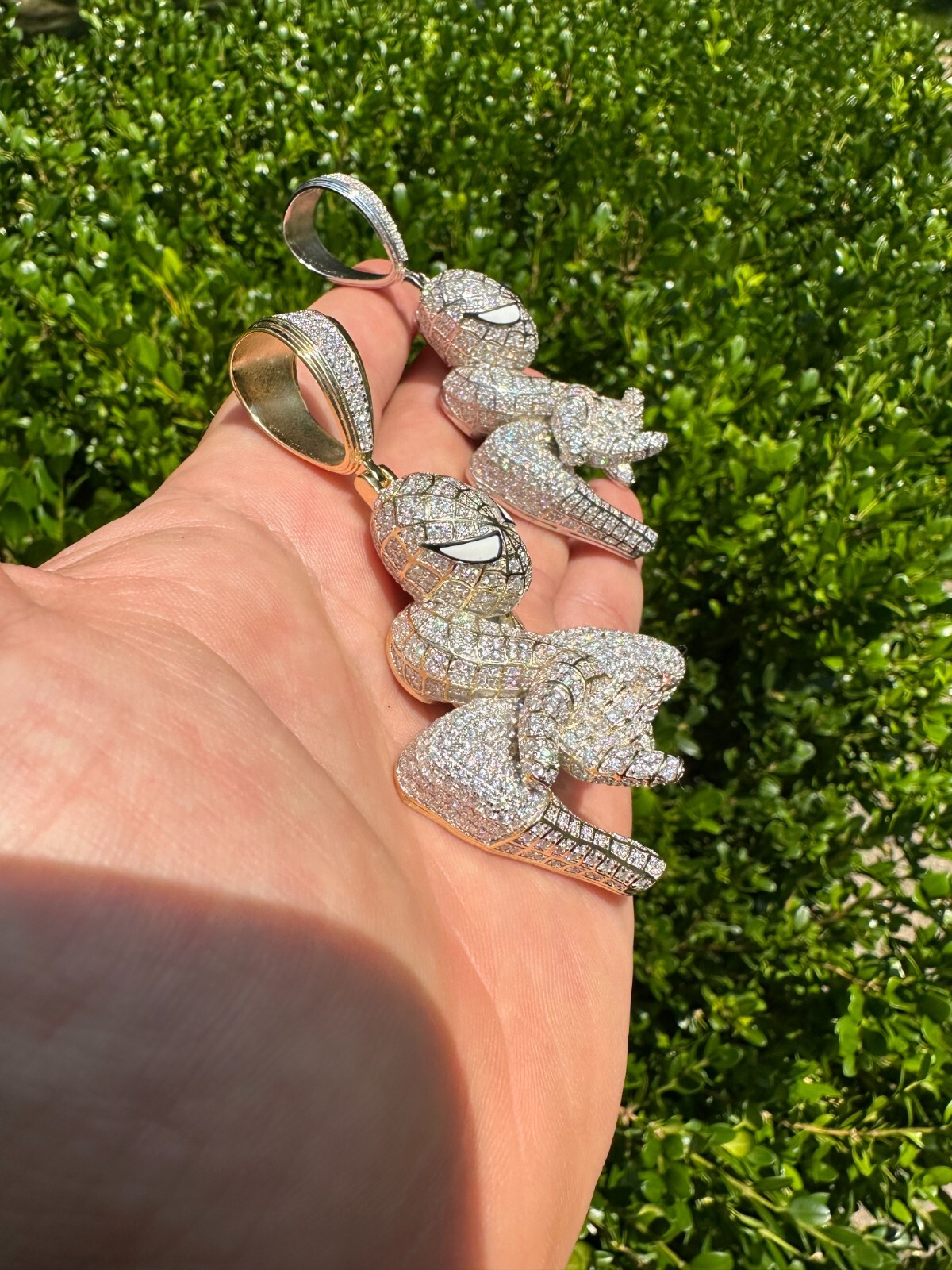 Pre-owned Harlembling Moissanite Real 925 Silver/14k Gold Plated Large Iced Spiderman Pendant Necklace In White