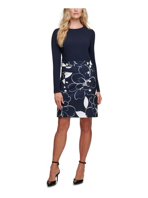 

DKNY Женское темно-синее короткое коктейльное платье-футляр с длинными рукавами и круглым вырезом на молнии, Navy