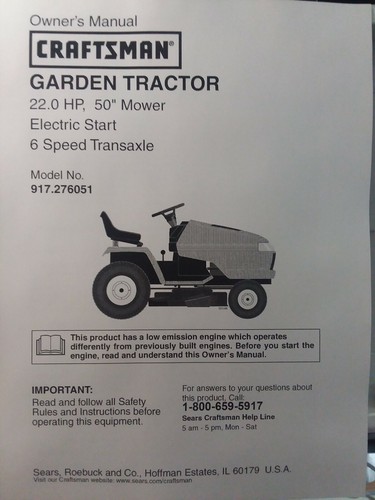 Sears Craftsman 22 50 6sp GT5000 Garden Tractor Owner Parts Manual 917.276051