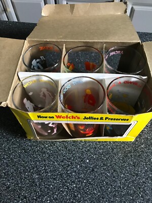 NOS VINTAGE 1971 WELCH S JELLY JAM ARCHIE GANG GLASSES SET OF 6 ORIGINAL BOX