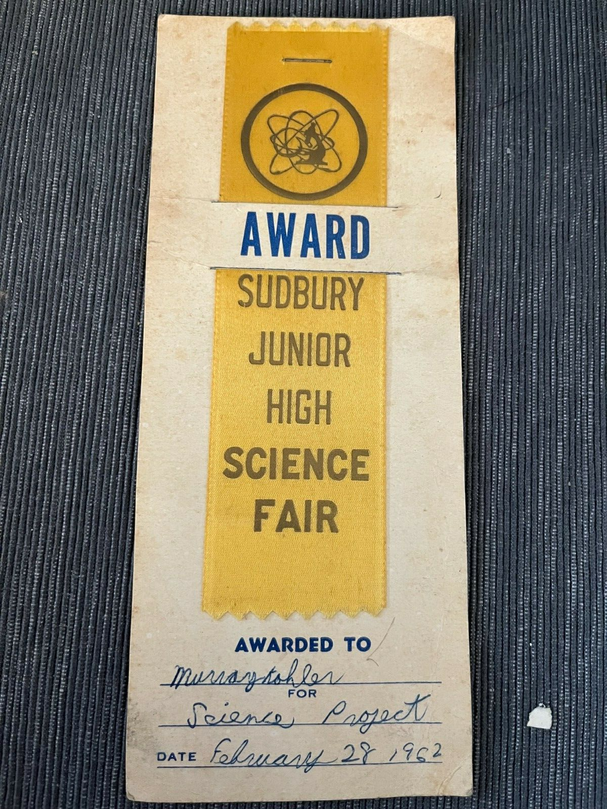 1962 Sudbury MA Junior High SCIENCE FAIR Award Ribbon