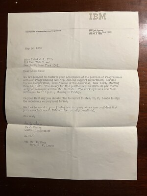 IBM Job Acceptance Letter Programmer NYC 1968 1960s Vintage Computer Ephemera