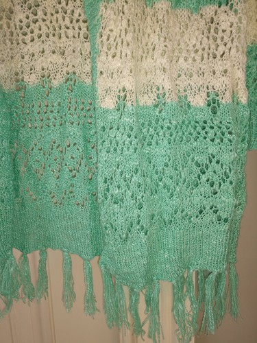 Girls Long Mint Green & Off-white Lace Duster Cardigan with hood Size Large EUC