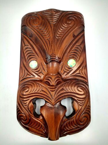Tribal Maori New Zealand Hand Carved Wood Abalone Paua Koruru Mask Wall Decor  B
