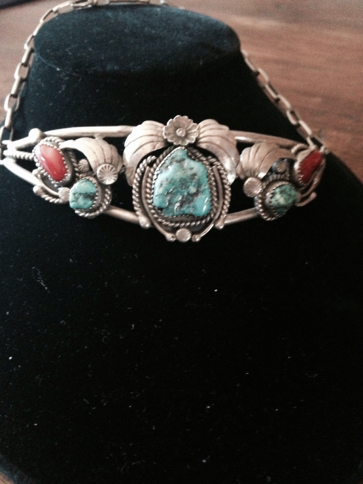 Old Zuni Choker with Natural Turquoise and coral. The sterling chain is hand mad