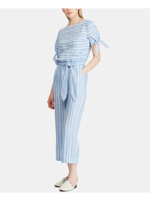 

RALPH LAUREN Женский светло-голубой полосатый комбинезон с круглым вырезом и поясом с завязками на рукавах, Light blue