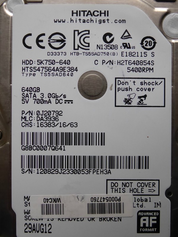 640gb Hitachi Hts547564a9e384 / 0j20792 / Da3936 / Aug 12 / 0j14315  Da4727 *
