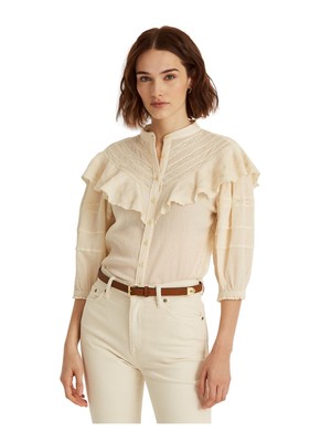 

LAUREN RALPH LAUREN Женский деловой топ на пуговицах цвета слоновой кости с рукавами 3/4, Цвет слоновой кости