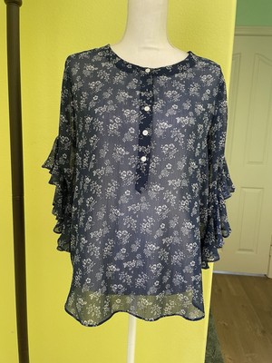Vince Camuto Summer Blouse Navy Blue & White Floral See-thru Light Medium New