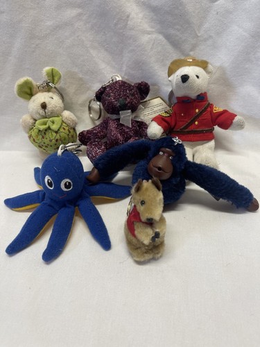 Vintage Plush Stuffed Animal  Key Chains Souvenir Lot Of 6