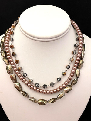 Boutique Multi Strand Necklace Simulated Pearl Earth Tones Premier Chic 13N